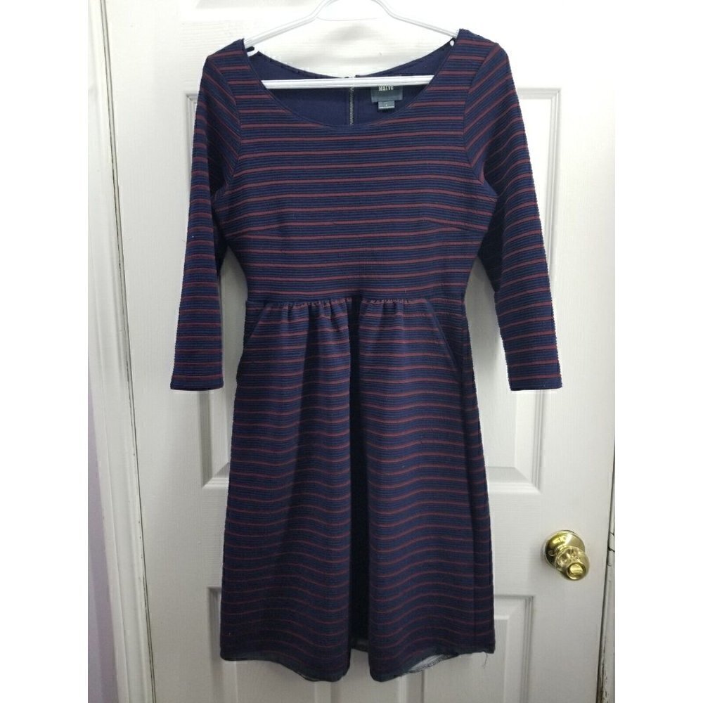 Maeve by Anthropologie Navy Burgundy Stretch Dress Pockets Size 2 EUC
